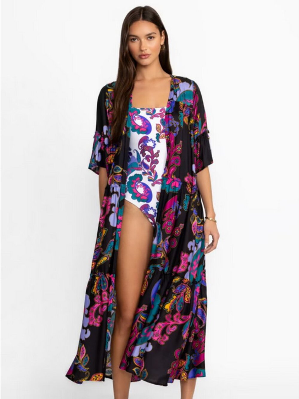Johnny Was California Plus Womens Fatima Floral Paisley Tiered Kimono 2X